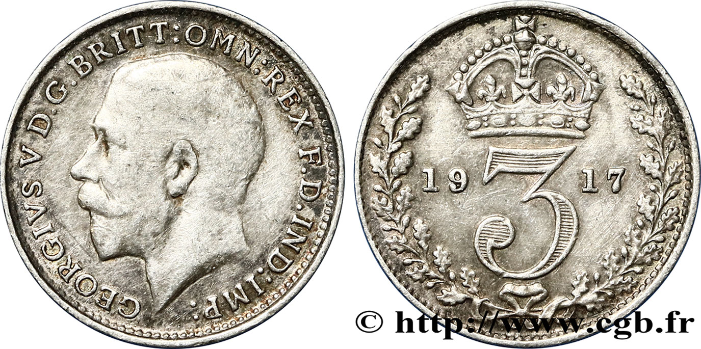 ROYAUME-UNI 3 Pence Georges V / couronne 1917  TTB 