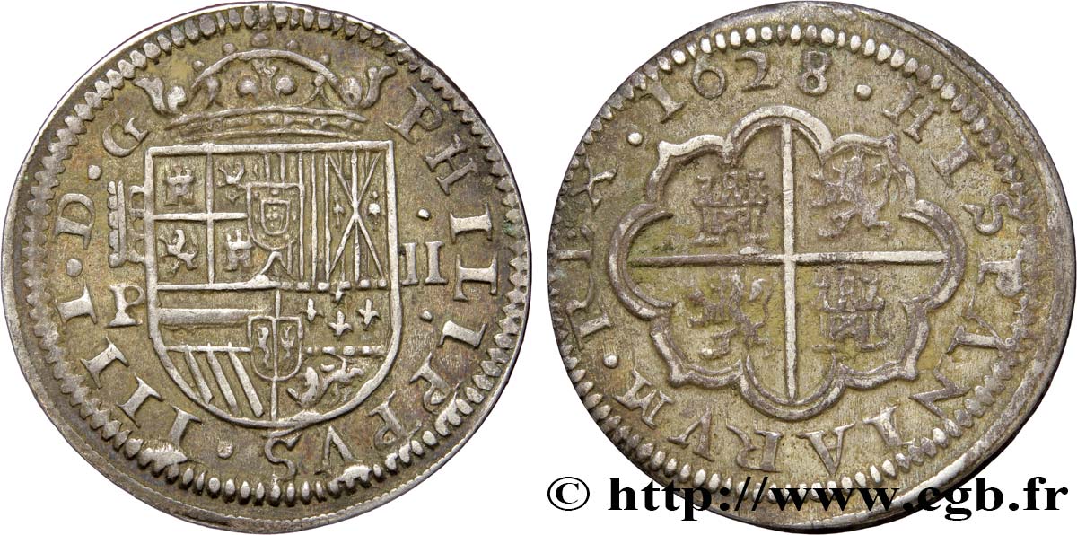SPAIN 2 Reales Philippe IV 1628 Ségovie XF 