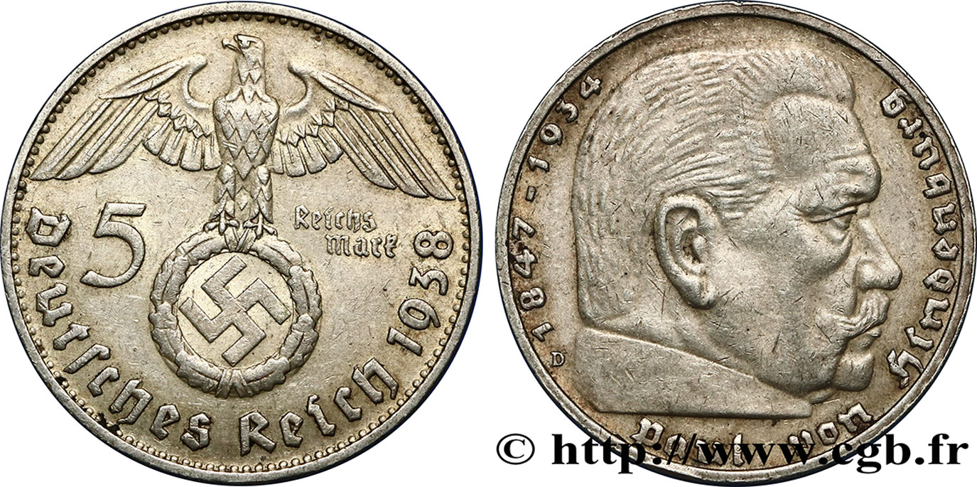 ALLEMAGNE 5 Reichsmark aigle surmontant une swastika / Maréchal Paul von Hindenburg 1938 Munich - D SUP 