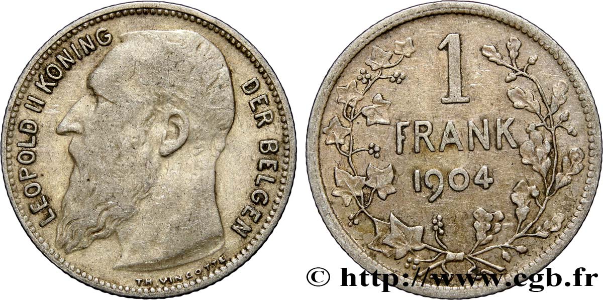 BELGIQUE 1 Franc Léopold II légende en flamand 1904  TTB 