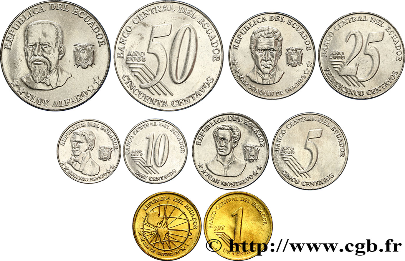 ECUADOR Lot de 5 monnaies 1, 5, 10, 25 & 50 Centavos 2000  MS 