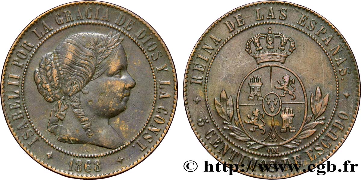 ESPAGNE 5 Centimos de Escudo Isabelle II  1868 Oeschger Mesdach & CO TTB 