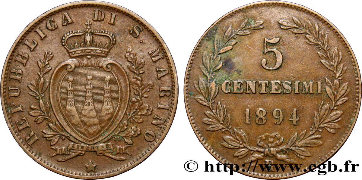 SAINT-MARIN 5 Centesimi 1894 Rome TTB 