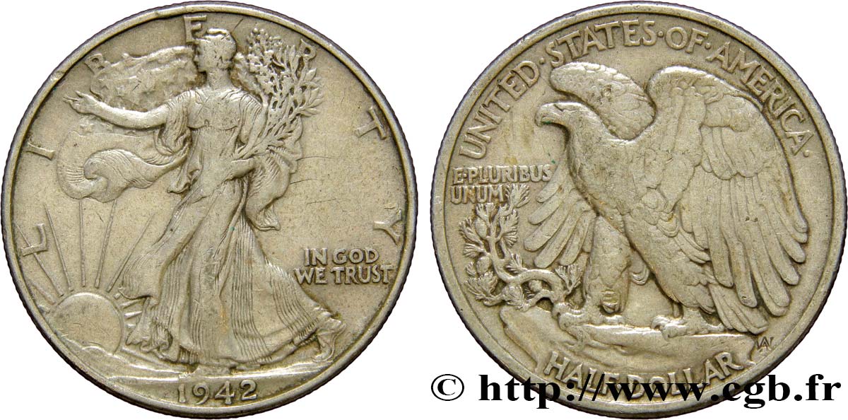 UNITED STATES OF AMERICA 1/2 Dollar Walking Liberty 1942 Philadelphie XF 