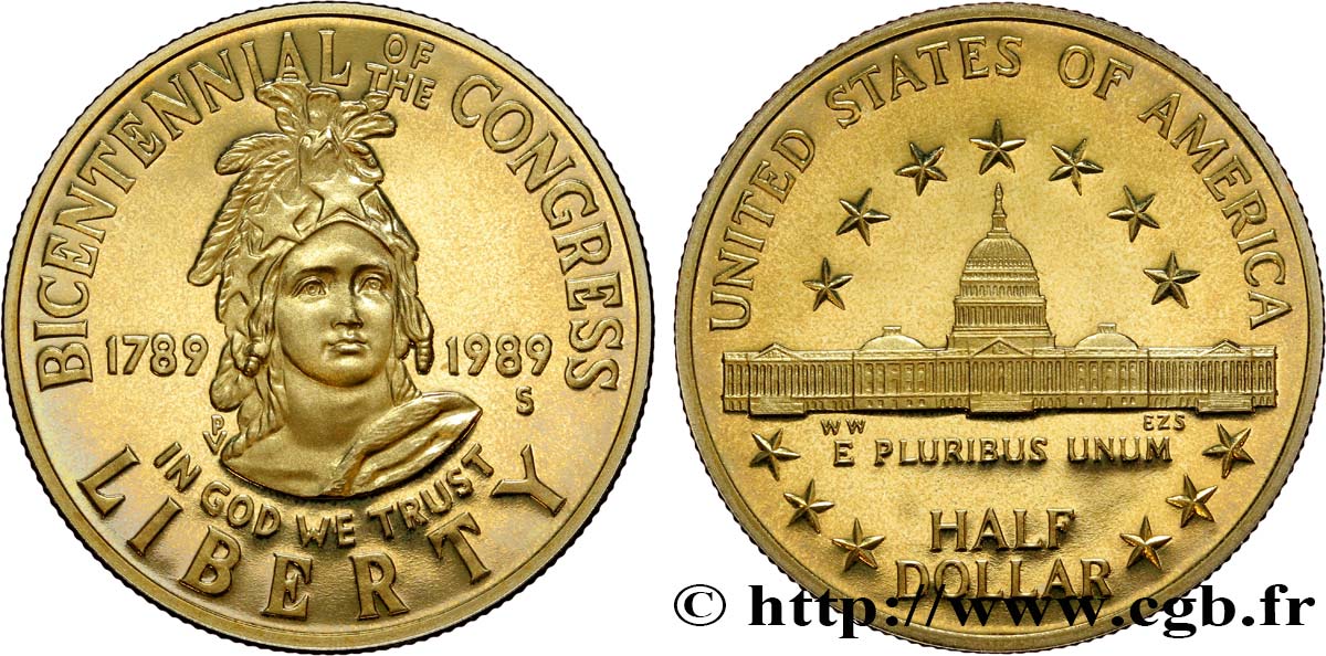 UNITED STATES OF AMERICA 1/2 Dollar Proof bicentennaire du Congrès buste de la Liberté / bâtiment du Capitole 1989 San Francisco - S MS 