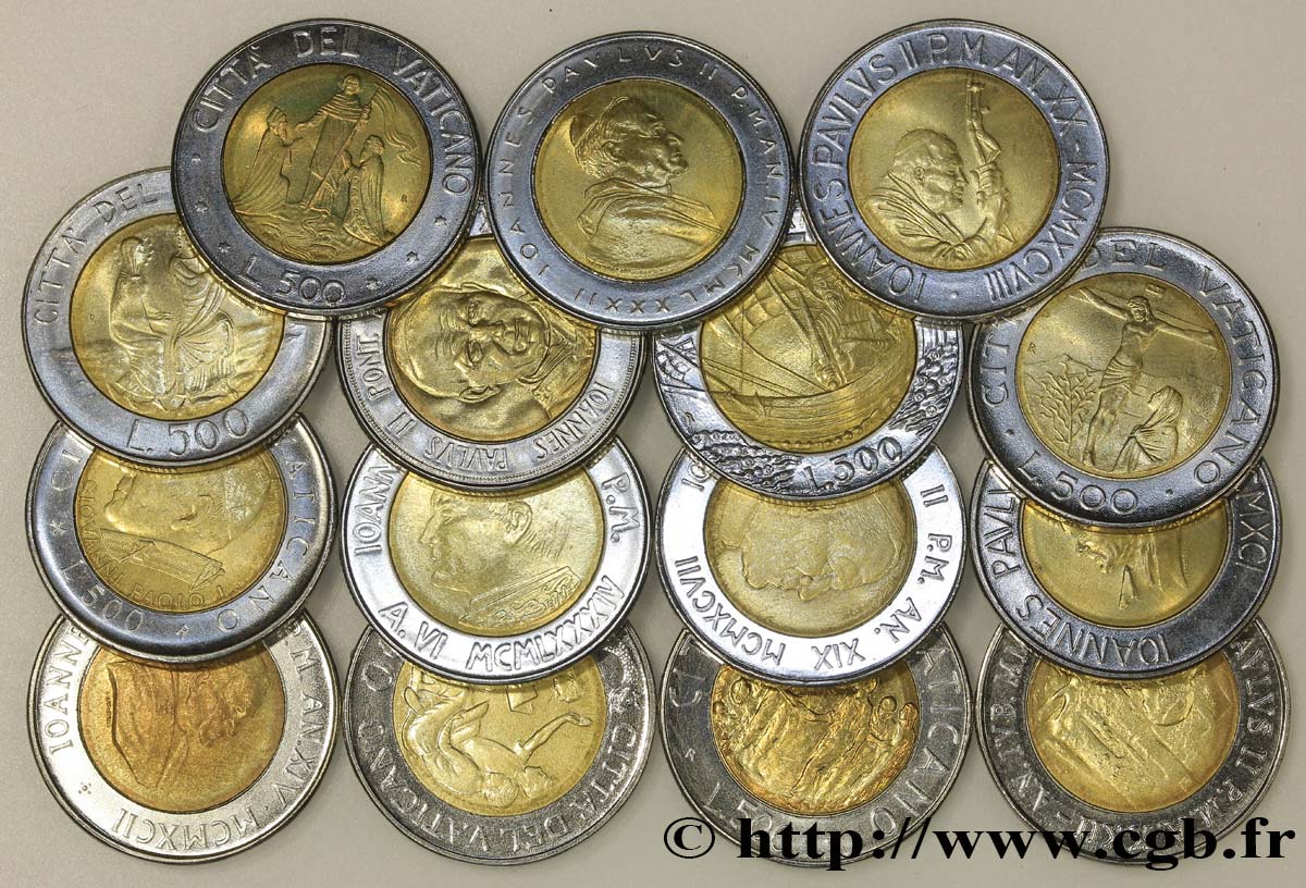 VATICAN AND PAPAL STATES Lot de 15 pièces de 500 Lire bimétallique 1980-2000 Rome MS 