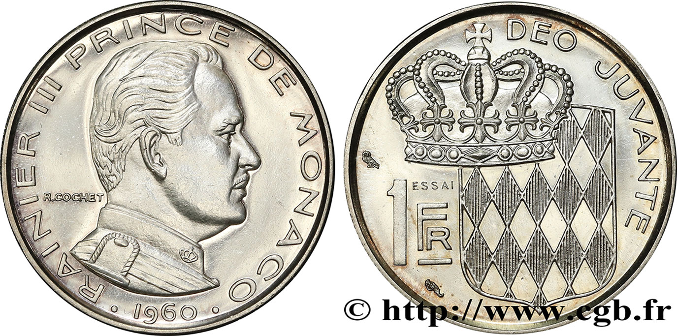 MÓNACO - PRINCIPADO DE MÓNACO - RANIERO III Essai de 1 Franc argent Rainier III 1960 Paris SC 