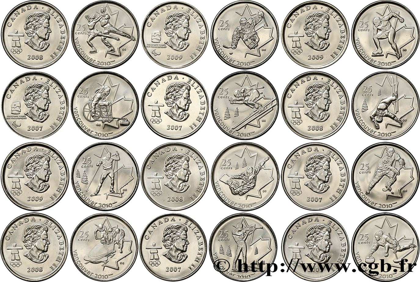 CANADA Lot de 12 monnaies de 25 Cents J.O. d’hiver Vancouver 2010 2007-2009  MS 