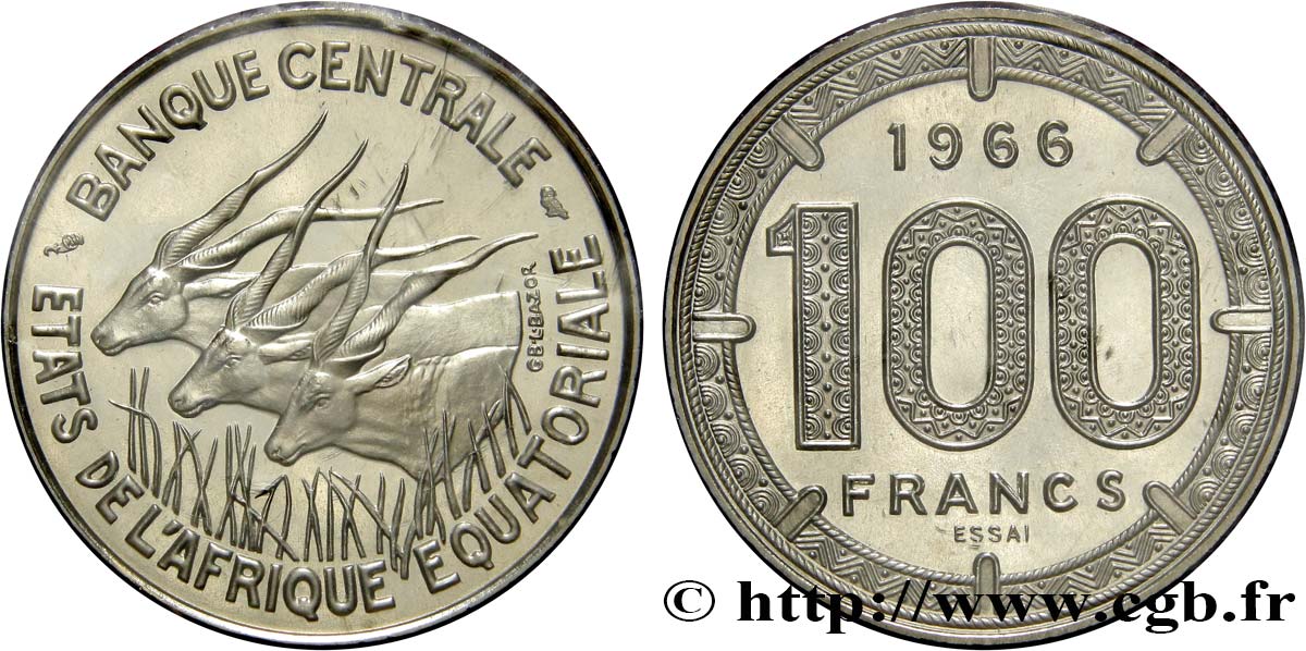 ÄQUATORIALAFRIKA Essai de 100 Francs antilopes 1966 Paris ST 