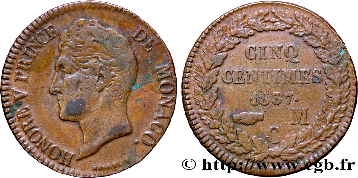 MONACO 5 Centimes Honoré V petite tête en cuivre rouge 1837 Monaco MB 