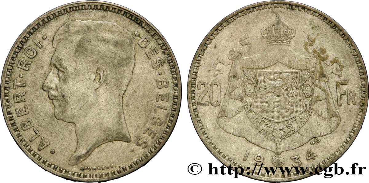 BELGIQUE 20 Francs Albert Ier légende Flamande position A 1934  TTB 