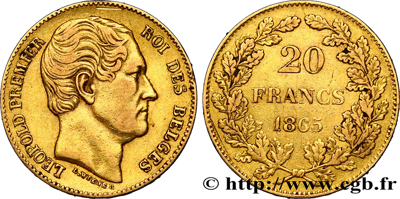 BELGIUM 20 Francs Léopold Ier 1865 Bruxelles XF 