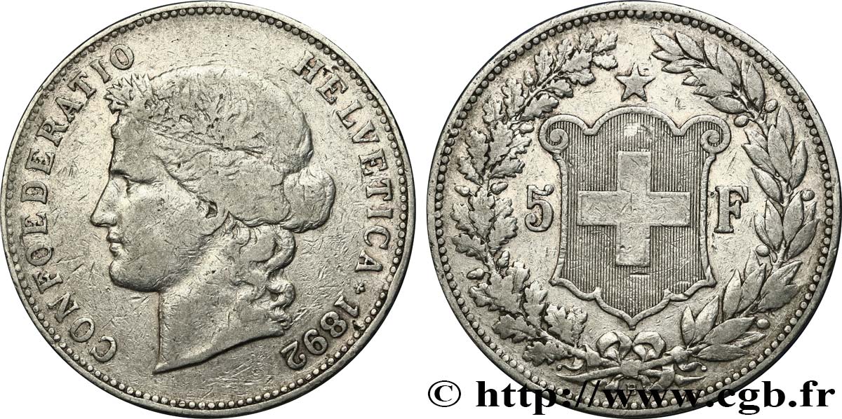 SVIZZERA  5 Francs Helvetia 1892 Berne q.BB 