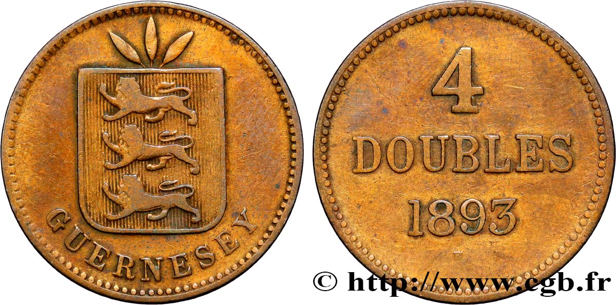 GUERNESEY 4 Doubles armes du baillage de Guernesey 1893 Heaton TTB 