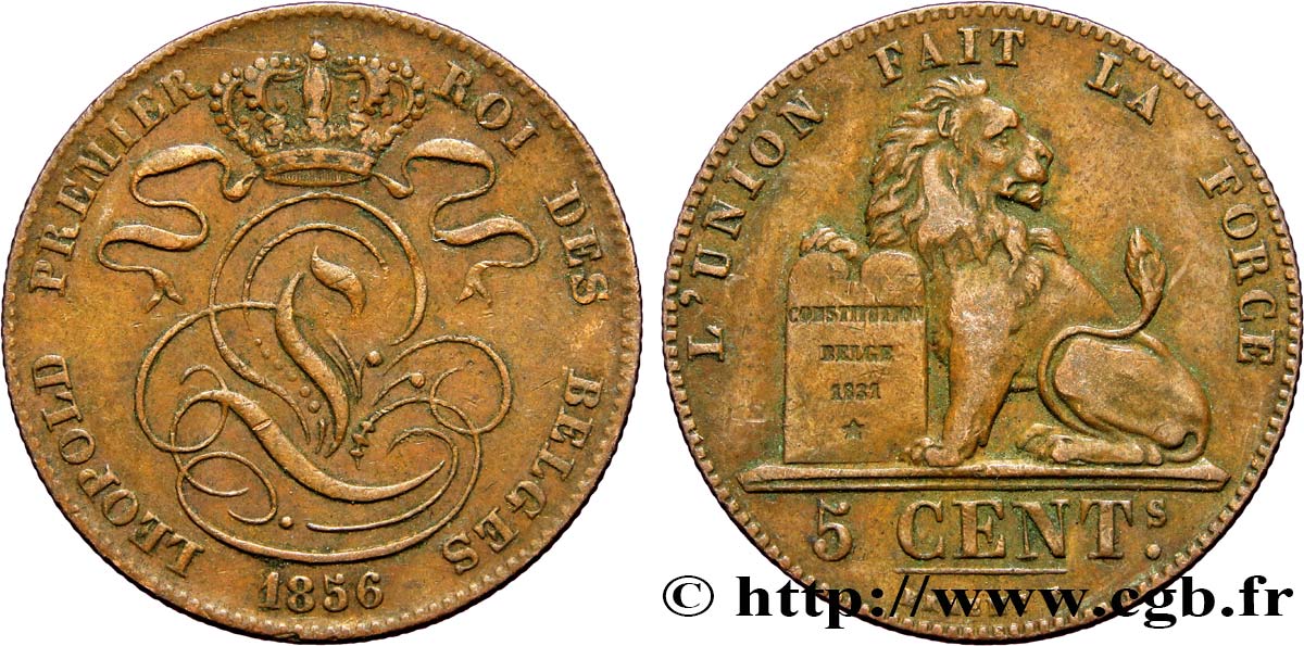 BELGIQUE 5 Centimes monograme de Léopold couronné / lion 1856  TTB+ 