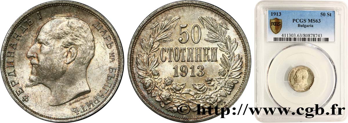 BULGARIE - FERDINAND Ier 50 Stotinki 1913  SPL63 PCGS