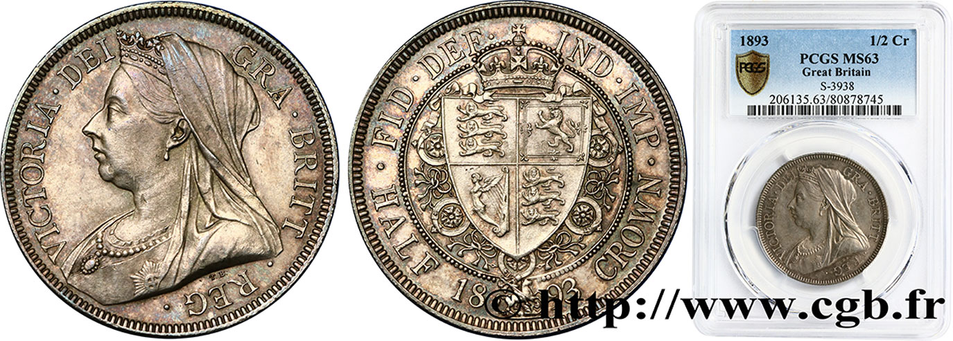 UNITED KINGDOM 1/2 Crown Victoria 1893  MS63 PCGS