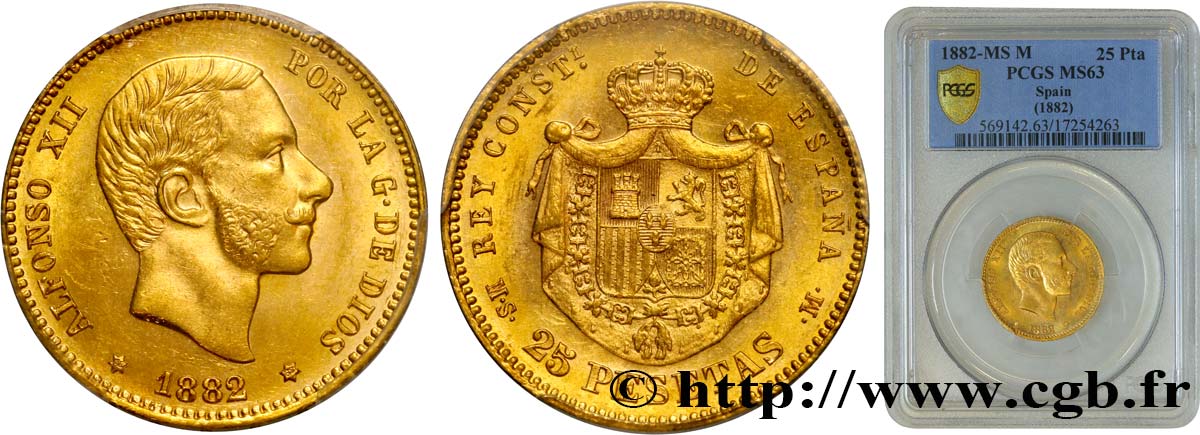 SPAIN - KINGDOM OF SPAIN - ALFONSO XII 25 Pesetas 1882 Madrid MS63 PCGS