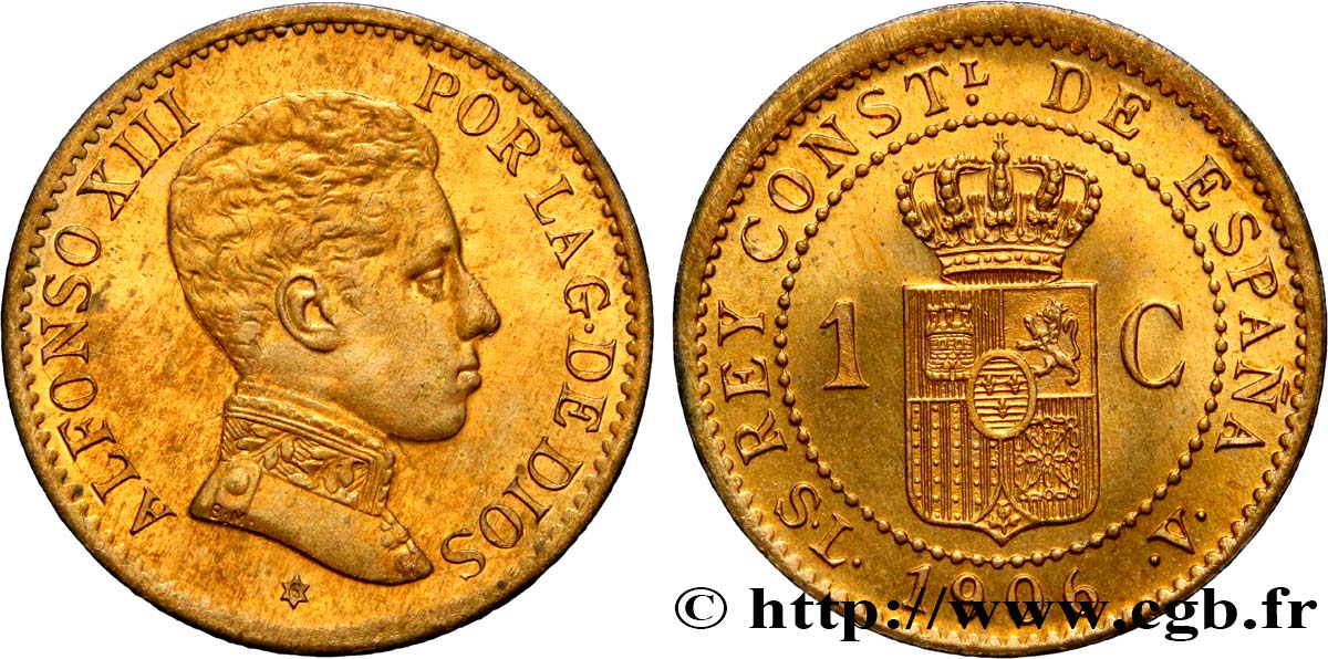 SPAIN 1 Centimo Alphonse XIII S.L. - .V. 1906 Madrid MS 