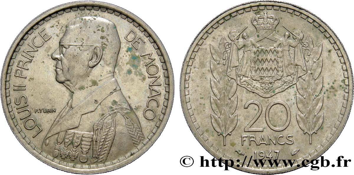 MONACO 20 Francs prince Louis II 1947 Paris SUP 