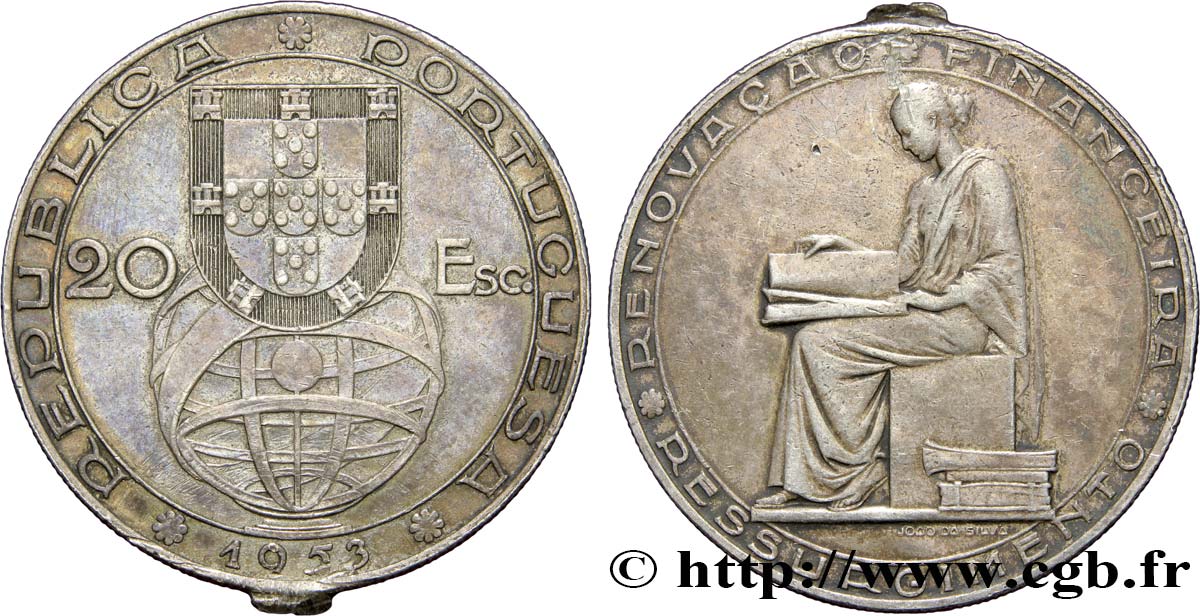 PORTUGAL 20 Escudos 25e anniversaire de la réforme financière 1953  TTB 