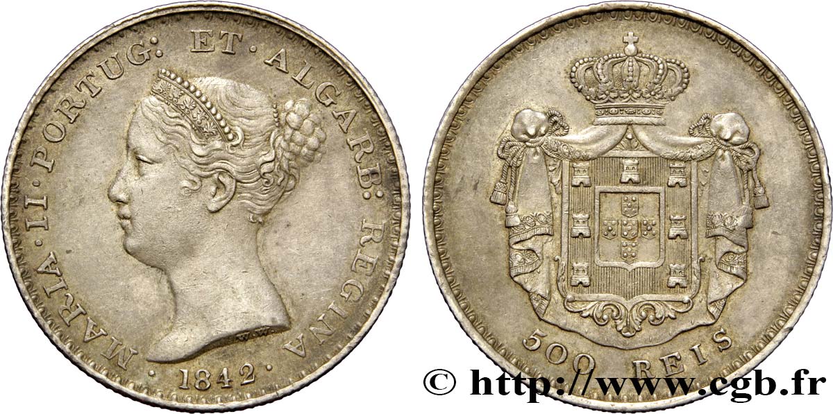 PORTUGAL 500 Réis Marie II 1842  TTB 