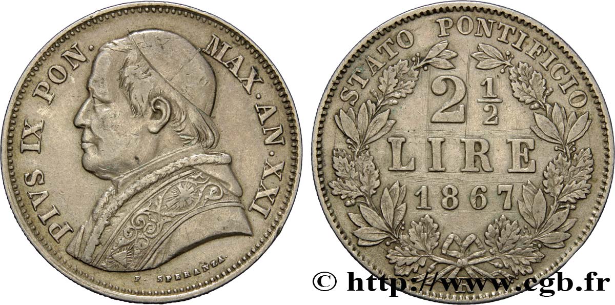 VATICAN - PIUS IX (Giovanni Maria Mastai Ferretti) 2 1/2 Lire an XXI 1867 Rome XF 