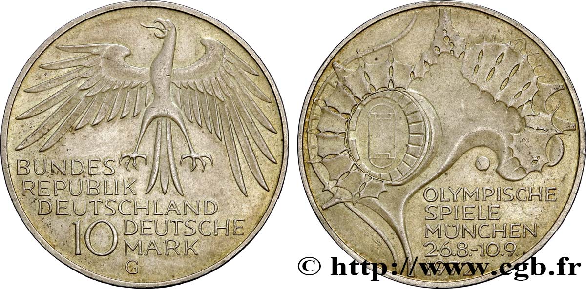 ALLEMAGNE 10 Mark / XXe J.O. Munich - Stade Olympique 1972 Karlsruhe - G SUP