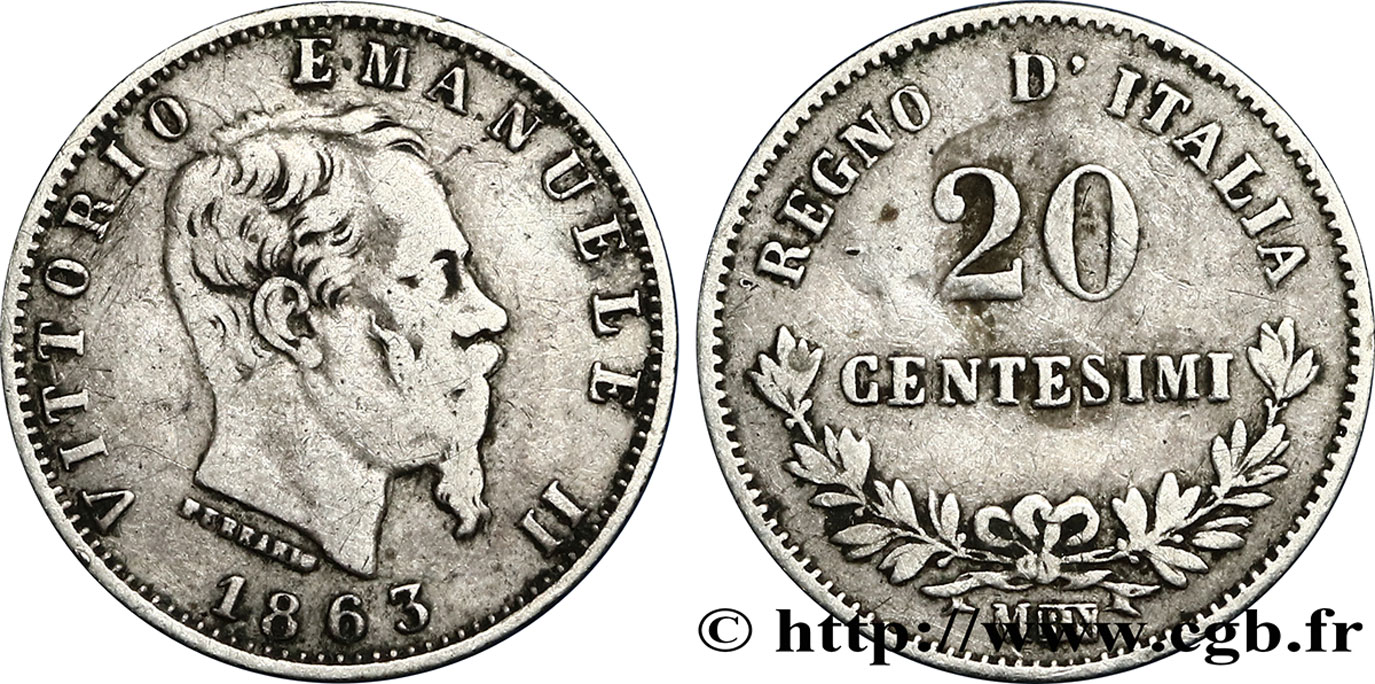 ITALIA 20 Centesimi Victor Emmanuel II 1863 Milan - M q.BB 