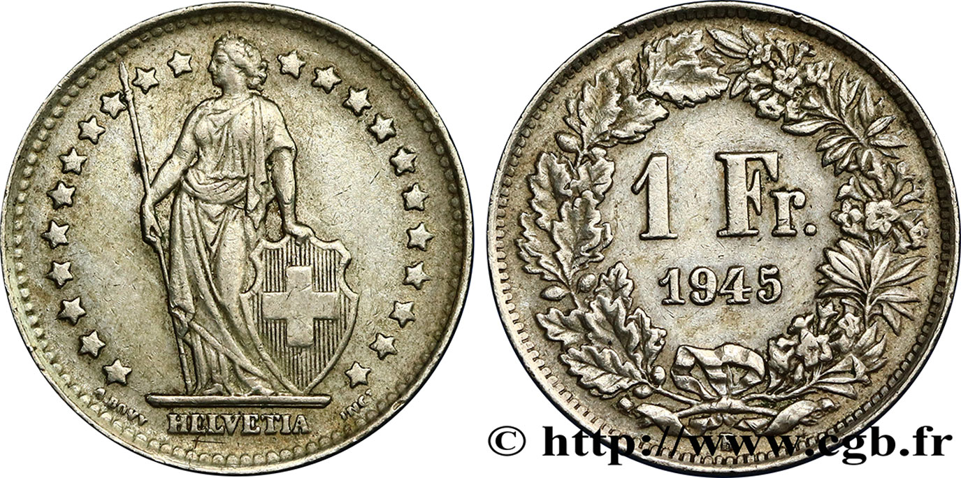 SUIZA 1 Franc Helvetia 1945 Berne MBC+ 