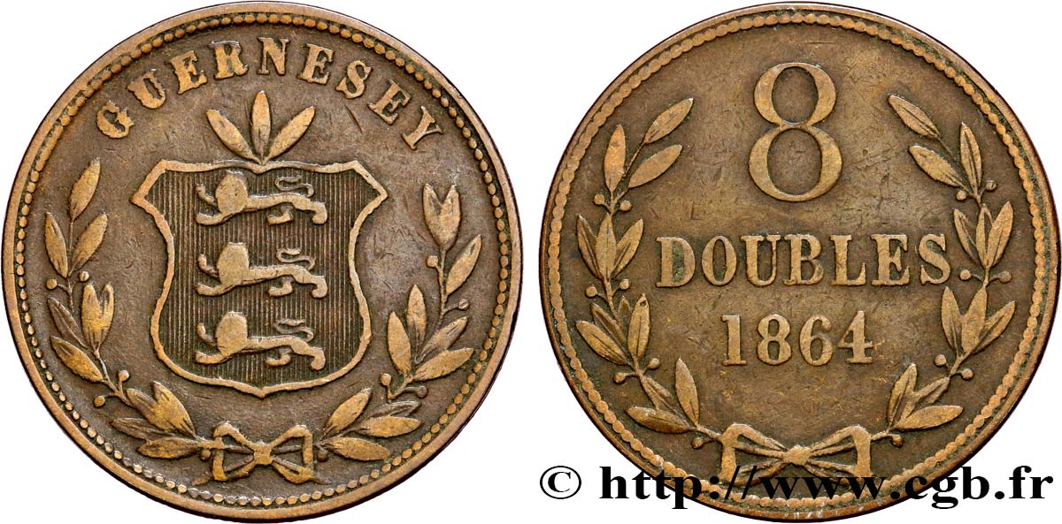 GUERNESEY 8 Doubles armes du baillage de Guernesey 1864 Heaton TB+ 