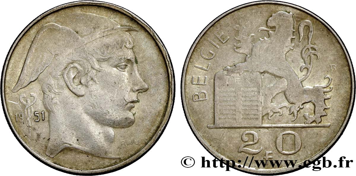 BELGIQUE 20 Francs Mercure, légende flamande 1951  TTB+ 