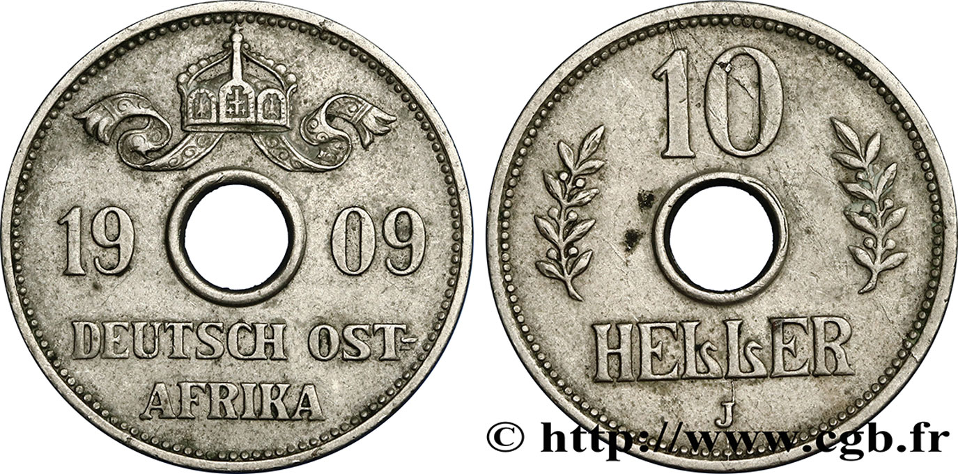 DEUTSCH-OSTAFRIKA 10 Heller Deutch Ostafrica type couronne large et extrémités des L pointues 1909 Hambourg - J fVZ 