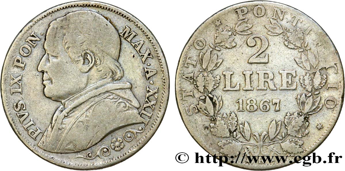 VATICAN AND PAPAL STATES 2 Lire Pie IX an XXII 1867 Rome VF 