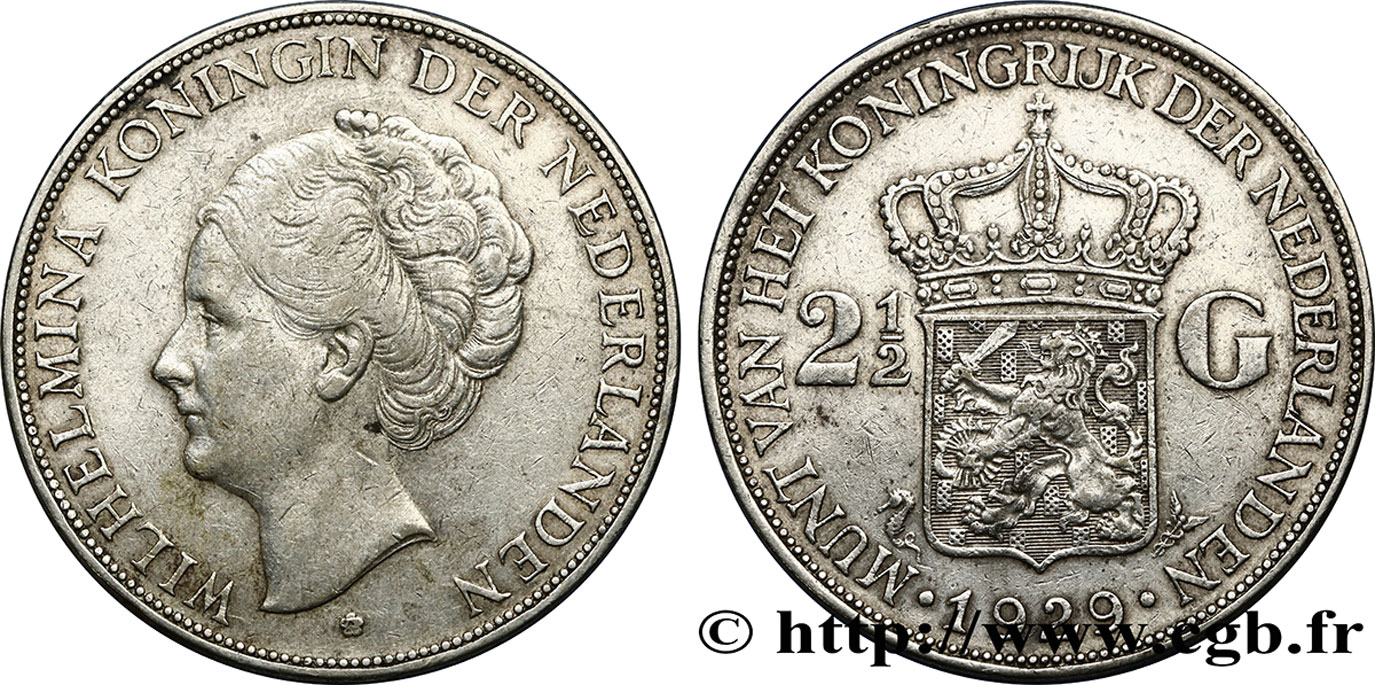 PAESI BASSI 2 1/2 Gulden Wilhelmina 1929  BB 