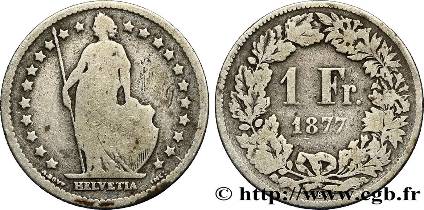 SUISSE 1 Franc Helvetia 1877 Berne TB 