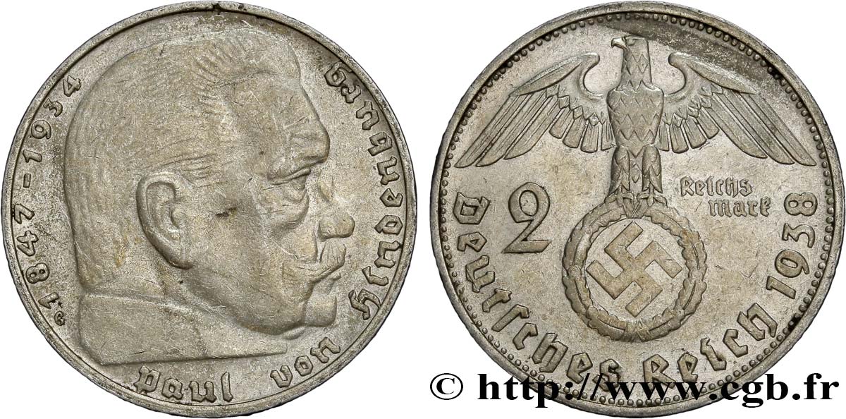 ALLEMAGNE 2 Reichsmark aigle surmontant une swastika / Maréchal Paul von Hindenburg 1938 Karlsruhe TTB+ 