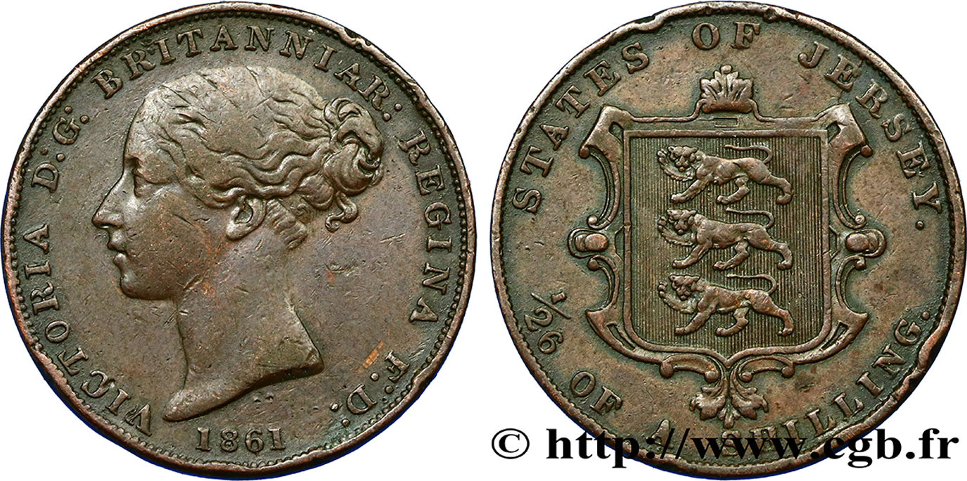 JERSEY 1/26 Shilling Reine Victoria / armes du Baillage de Jersey 1861  TTB 