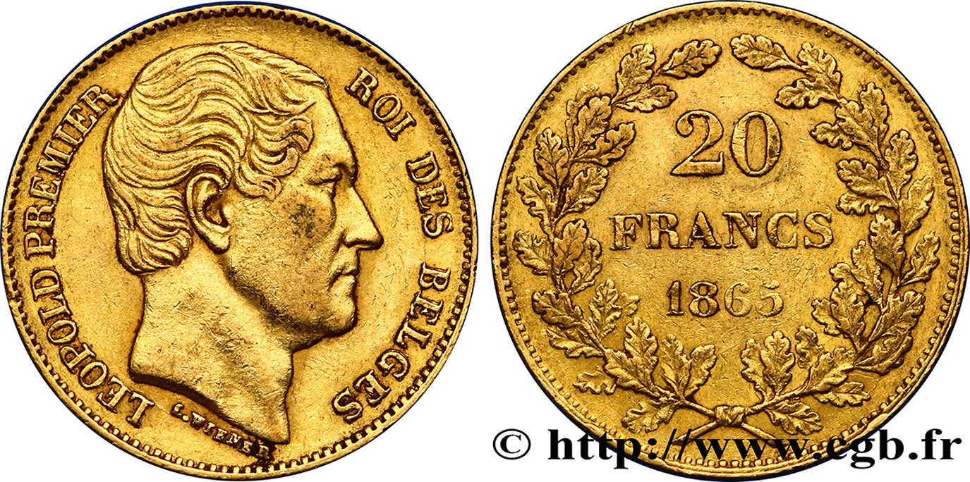 BELGIUM 20 Francs Léopold Ier 1865 Bruxelles XF 