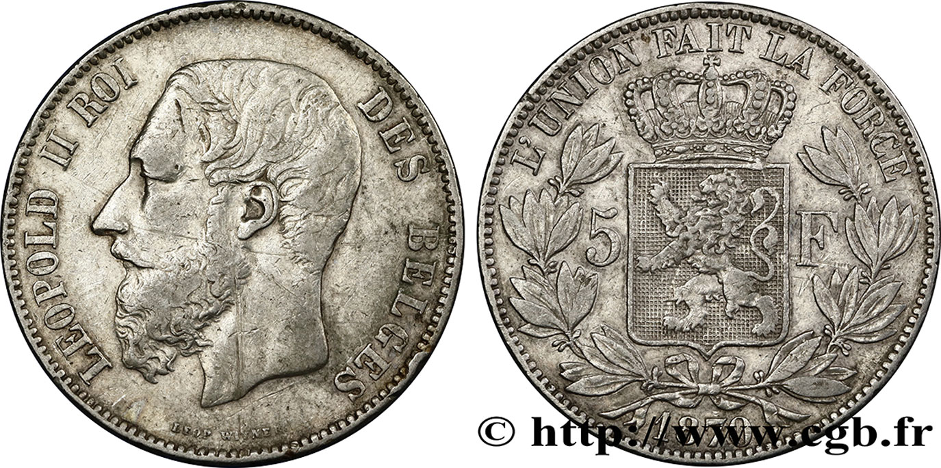 BELGIQUE 5 Francs Léopold II 1870 TB+