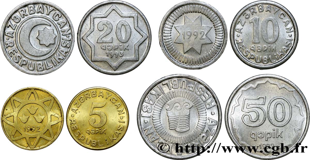 AZERBAIGAN Lot de 4 monnaies 5, 10, 20 et 50 Qapik 1992-1993  SPL 