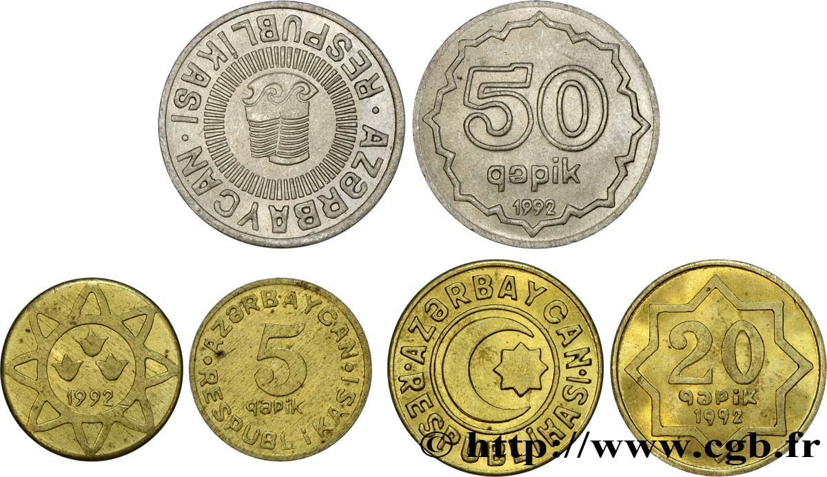 AZERBAIGAN Lot de 3 monnaies 5, 20 et 50 Qapik 1992  SPL 