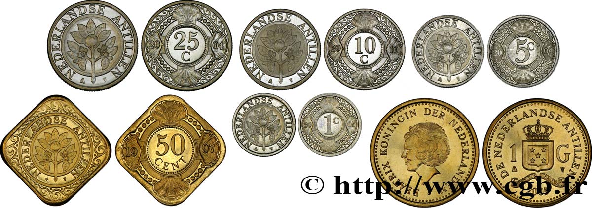 NETHERLANDS ANTILLES Lot de 6 monnaies 1, 5, 10, 25 et 50 Cents, 1 Gulden 1997-2010 Utrecht MS 