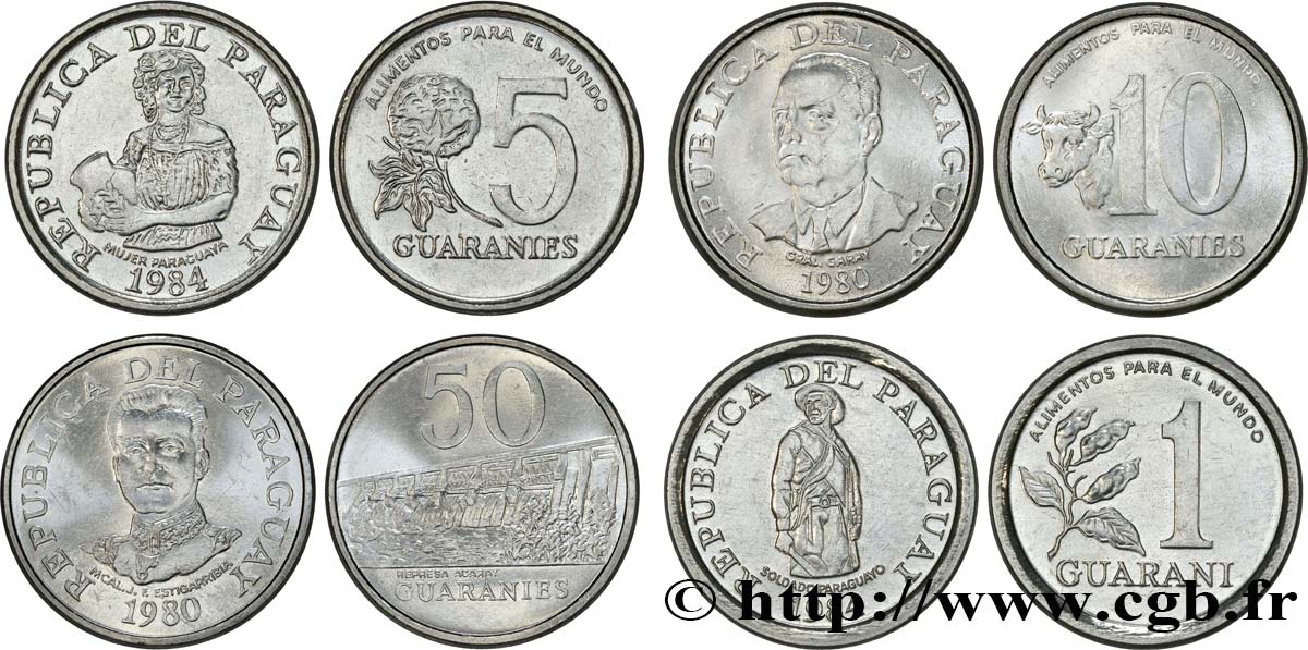 PARAGUAY Lot de 4 monnaies de 1, 5, 10 et 50 Guaranies 1980-1984  AU 