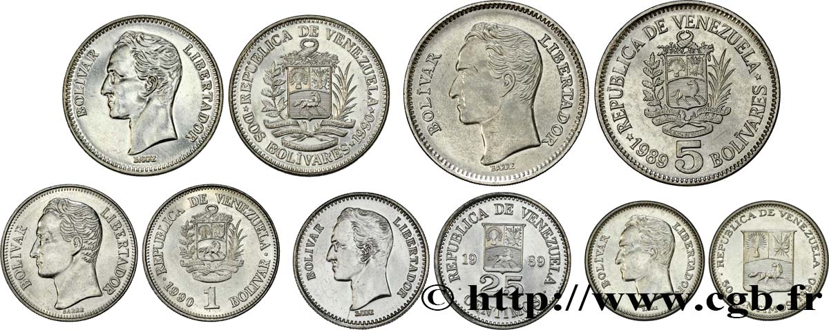 VENEZUELA Lot de 5 monnaies de 25 et 50 Centimos, 1, 2 et 5 Bolivares 1989-1990 schwerte SC 