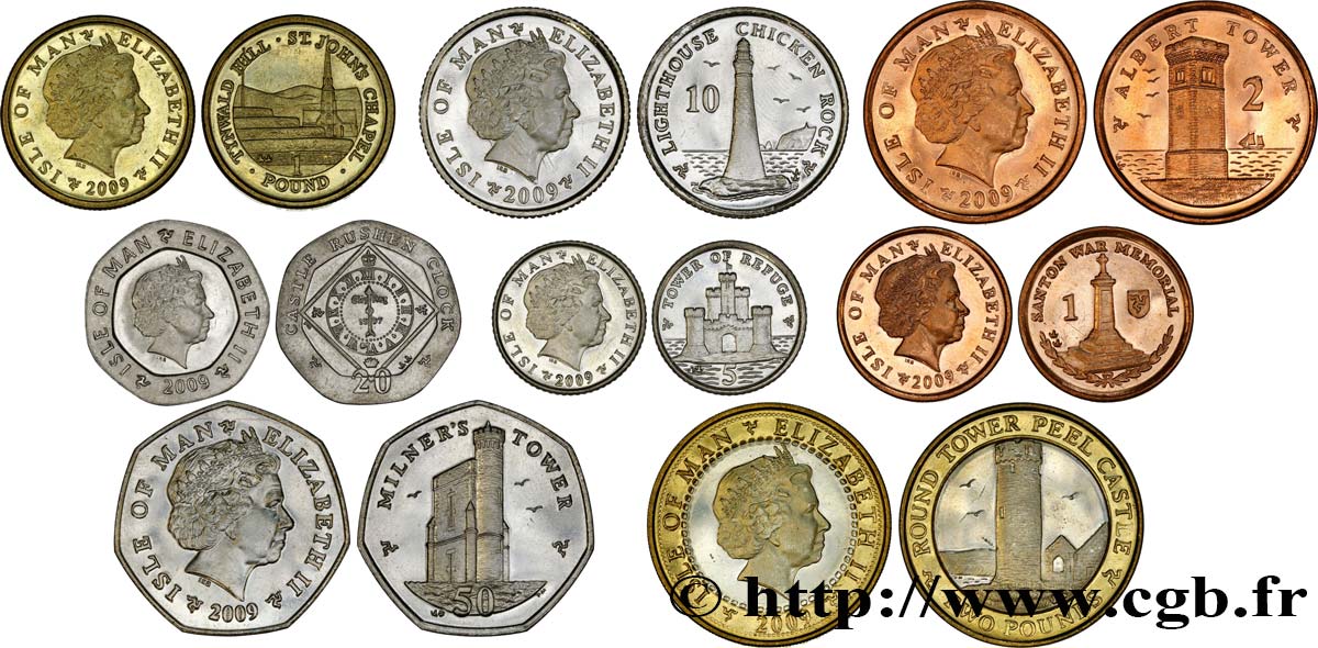 ISLE OF MAN Lot de 8 monnaies 1, 2, 5, 10, 20 & 50 Pence, 1 & 2 Pounds 2009  MS 