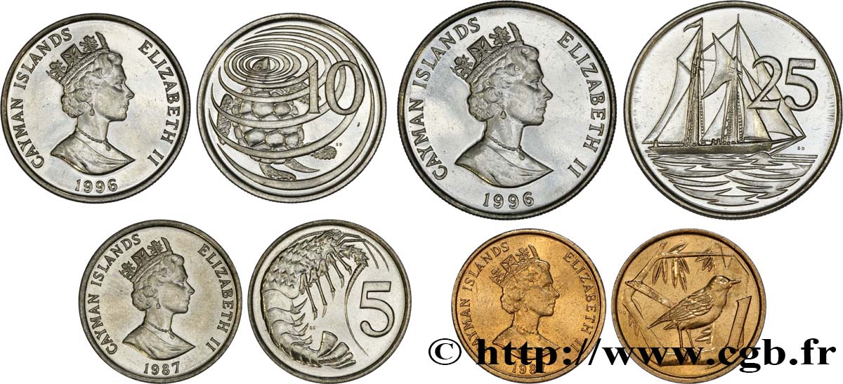 CAYMANS ISLANDS Lot de 4 monnaies 1, 5, 10 et 25 Cents 1987-1996 Cardiff, British Royal Mint MS 