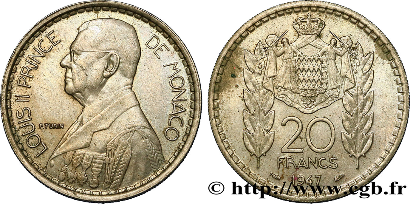 MONACO 20 Francs prince Louis II 1947 Paris AU 