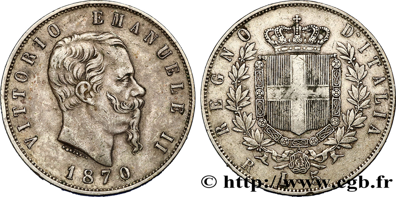 ITALIE - ROYAUME D ITALIE - VICTOR-EMMANUEL II 5 Lire  1870 Rome TTB 