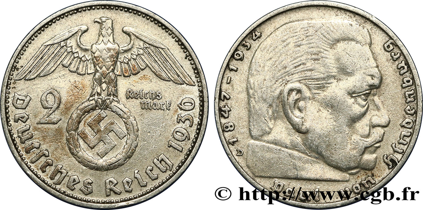 ALLEMAGNE 2 Reichsmark aigle surmontant une swastika / Maréchal Paul von Hindenburg 1936 Munich TTB 
